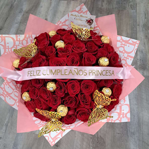 50 roses whit butterflies and chocolate,personalized ribbon