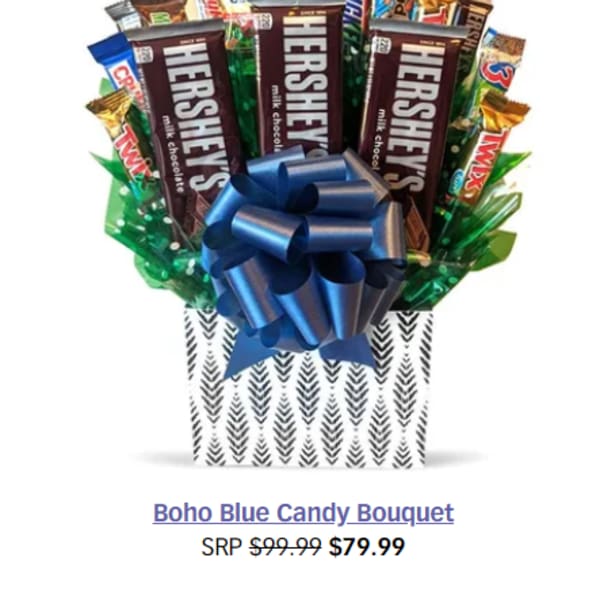 Candy bouquet with Hershey's bars and assorted chocolates in a gift bag