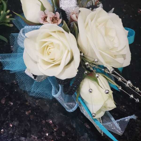 White Rose Wrist Corsage with Ribbon