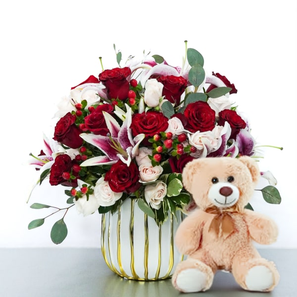 Roses & Lilies with a Bear by Atlanta's Finest Flowers