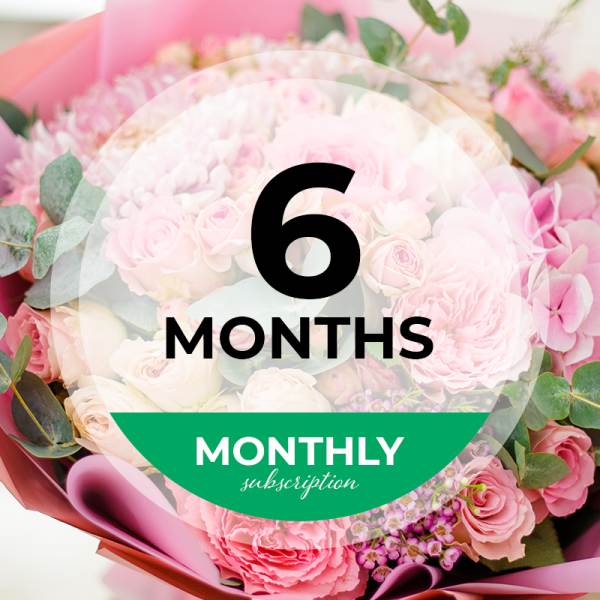 Pink rose bouquet with a "6 months" subscription graphic