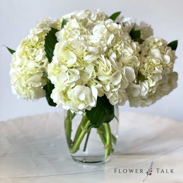 White hydrangea bouquet in a clear glass vase