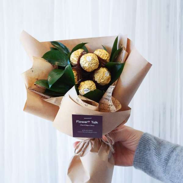 Bouquet of Ferrero Rocher chocolates wrapped in brown paper