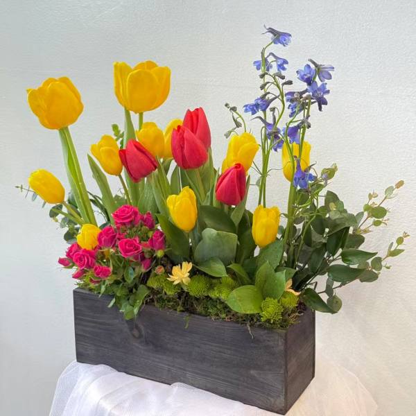 Spring Tulip Wooden Box Arrangement