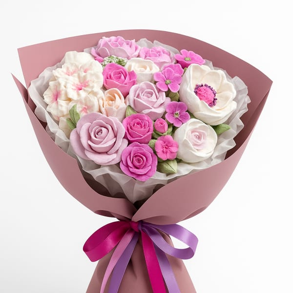 Pink and white rose bouquet with small blossoms wrapped in mauve paper and tied with pink and purple ribbons
