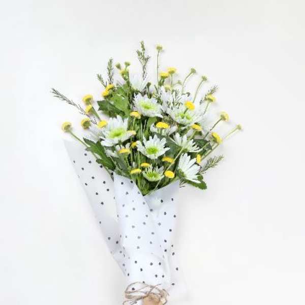 Bouquet of white daisies with yellow centers wrapped in white paper