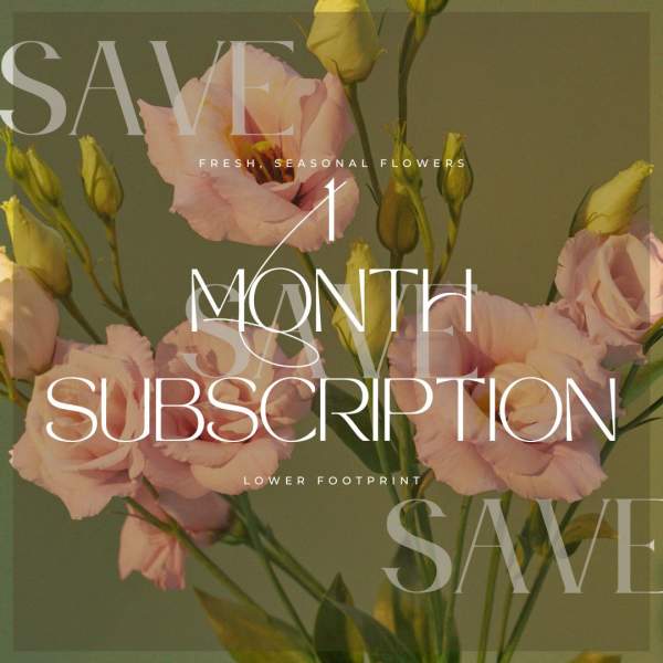 Pink lisianthus stems on a green background with overlay text advertising a 1 month flower subscription