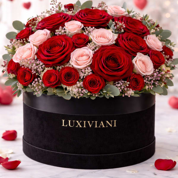 Red and blush roses arranged in a black round box