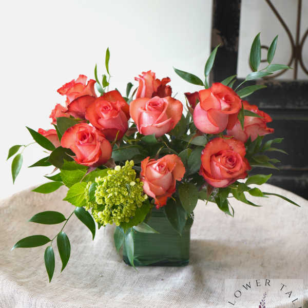 Coral roses arranged in a square vase with green foliage