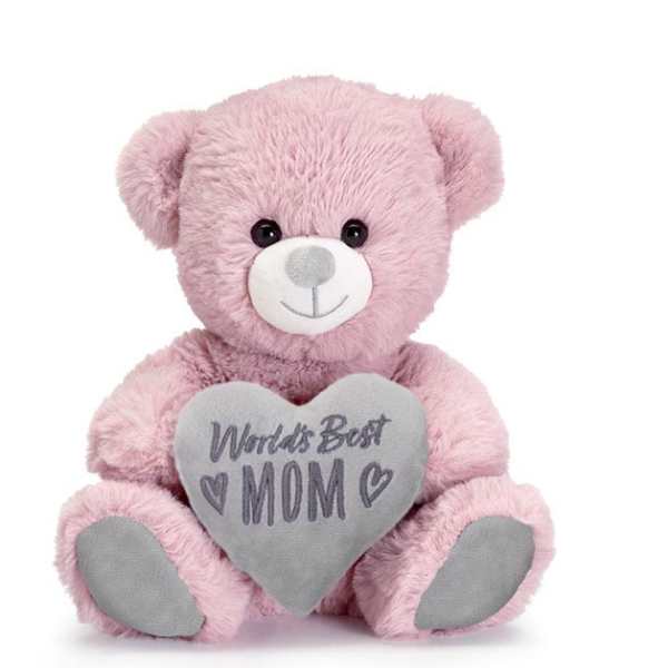 Pink teddy bear holding a gray heart pillow with 'World's Best Mom' text