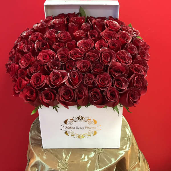 Box of red roses in a white gift box