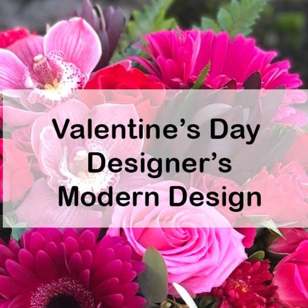 Pink and red mixed flowers with a Valentine’s Day text overlay