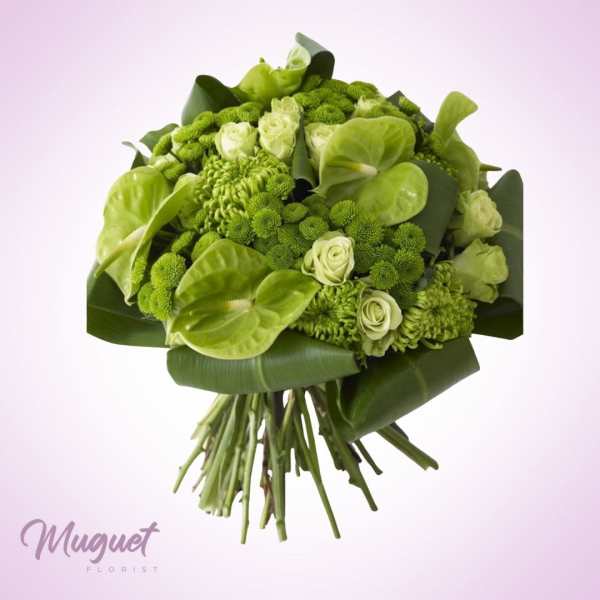 Green bouquet with roses and anthuriums