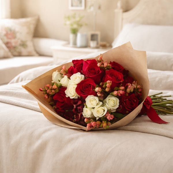 Bouquet of red and white roses wrapped in brown paper