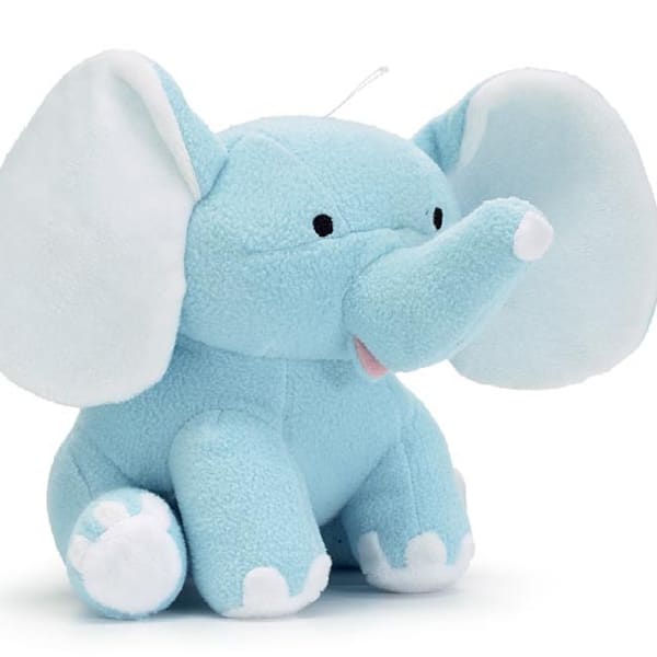 Blue plush elephant toy with white ears and feet
