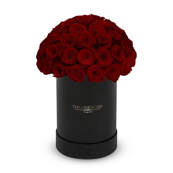 Red roses arranged in a black cylindrical box