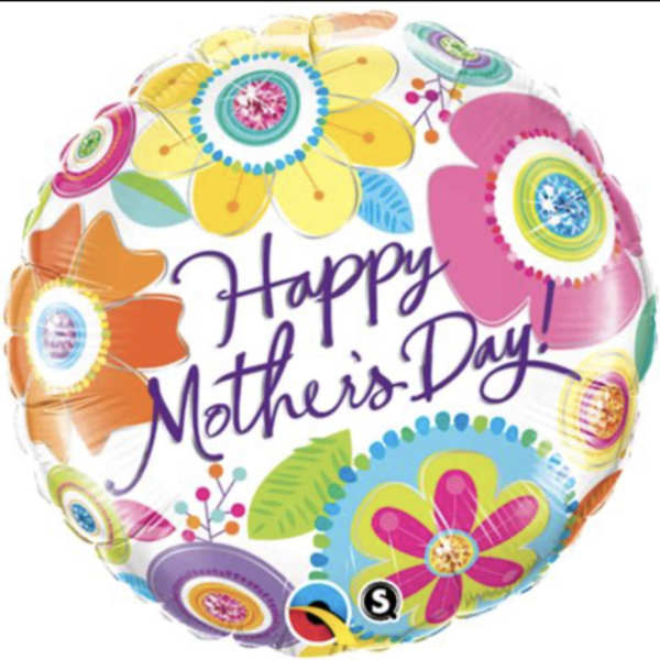 Round foil balloon with colorful flowers and the words "Happy Mother's Day" in purple script.