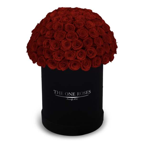 Large dome of red roses in a black hat box