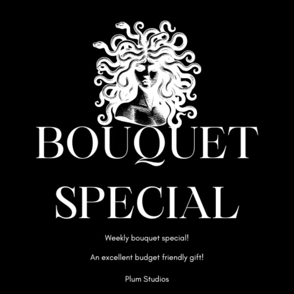 Black poster with a white Medusa-style illustration and the words "Bouquet Special"