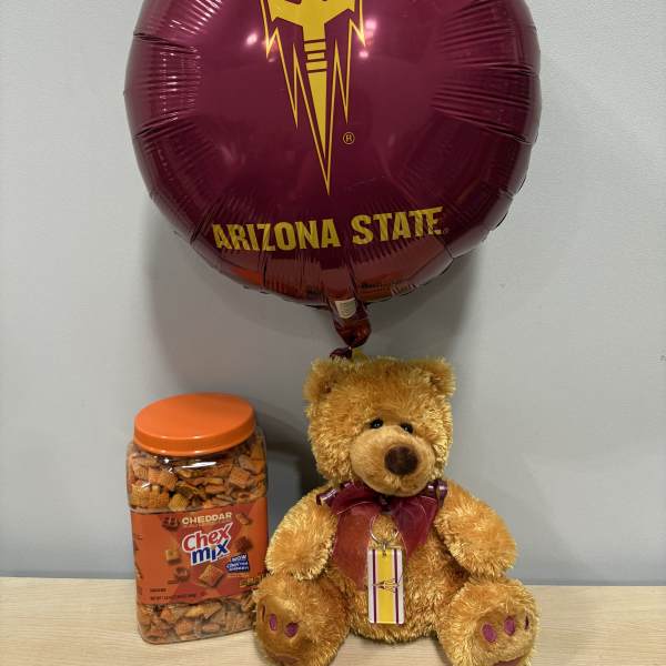 Maroon Arizona State balloon with a teddy bear and a jar of Chex Mix