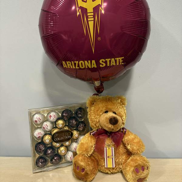 Arizona State balloon with a teddy bear and box of chocolates