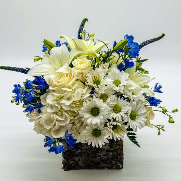 White and blue floral arrangement in a bark-covered square container