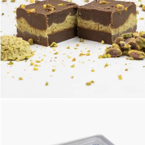 Box of Dubai chocolate fudge topped with pistachios