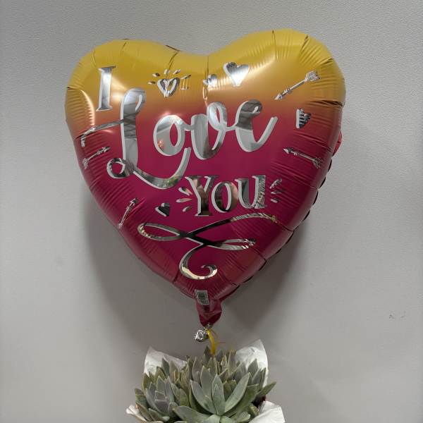 Heart-shaped balloon above a potted succulent arrangement with a decorative flower charm.