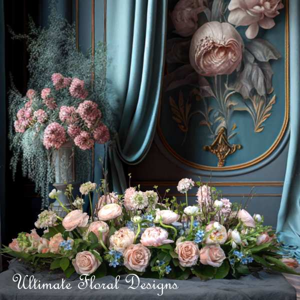 Low floral centerpiece with blush roses and pale blooms in a wide arrangement