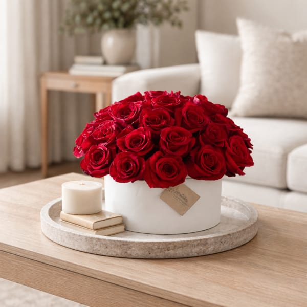 Red rose arrangement in a white box on a coffee table with a candle