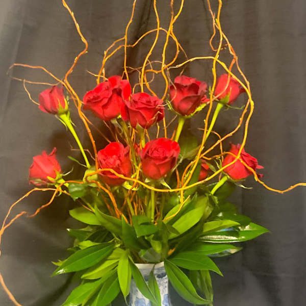 Red roses in a blue-and-white ceramic vase with curly branches