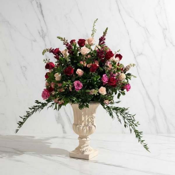 Mixed roses arranged in a cream urn vase