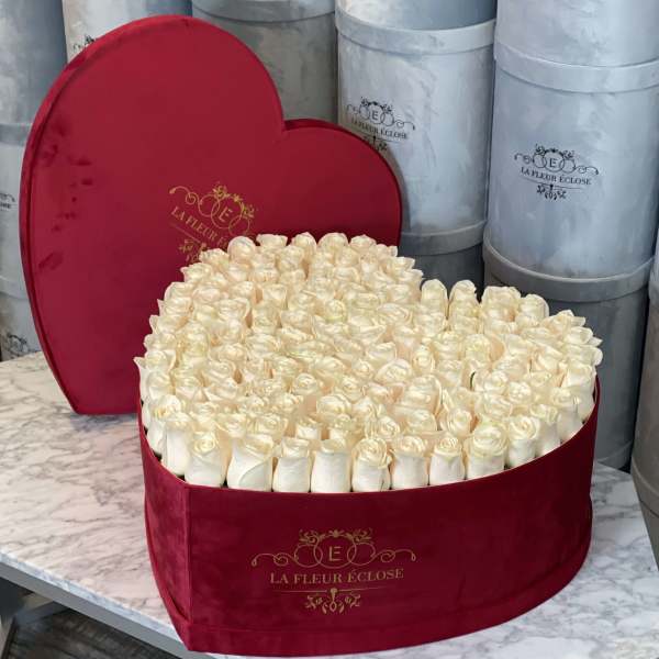 Heart-shaped box filled with cream roses