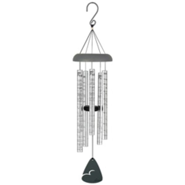 A silver wind chime with hanging metal tubes and a black clapper.