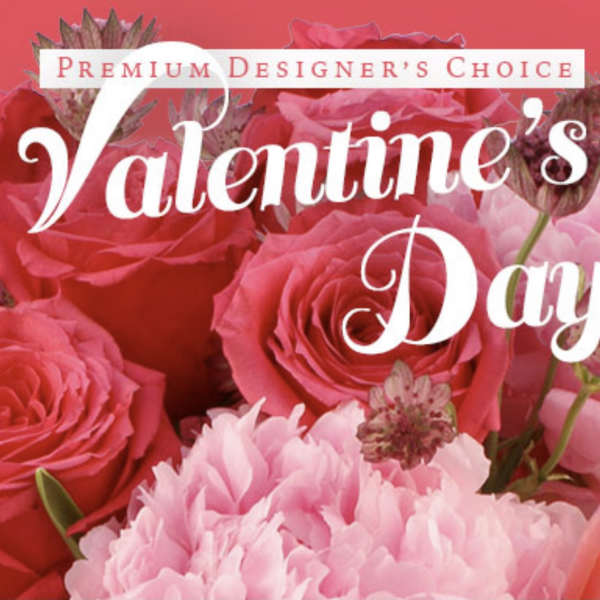 Pink roses and carnations with a Valentine's Day message