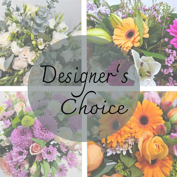 Collage of mixed flower bouquets with the words "Designer’s Choice"