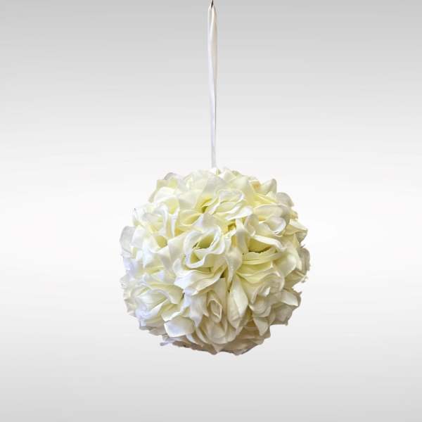 White floral pomander ball hanging from a ribbon