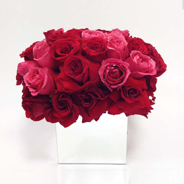 Bouquet of red and pink roses in a white square vase