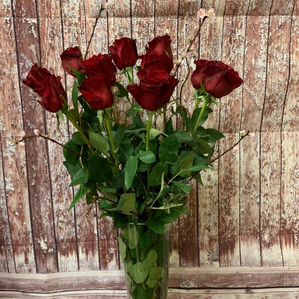 Red roses arranged in a tall clear glass vase