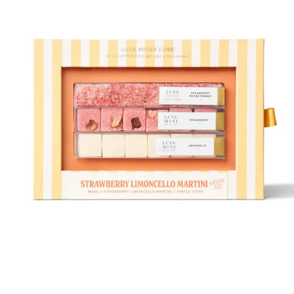 Strawberry limoncello martini mixer kit in a striped gift box