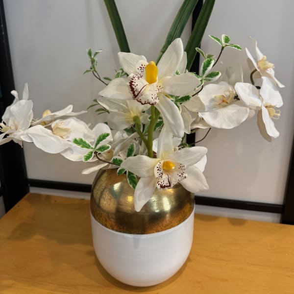 White orchid arrangement in a gold and white vase