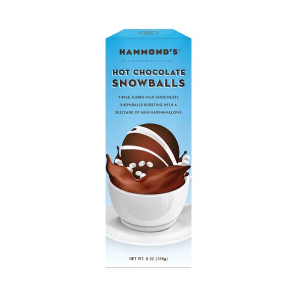 Blue box of Hammond's hot chocolate snowballs with a cup illustration