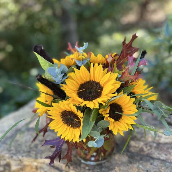 Bouquet of yellow sunflowers with autumn leaves in a glass vase