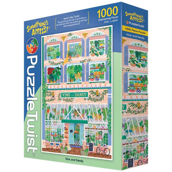 Box for a 1000-piece puzzle with a colorful storefront illustration