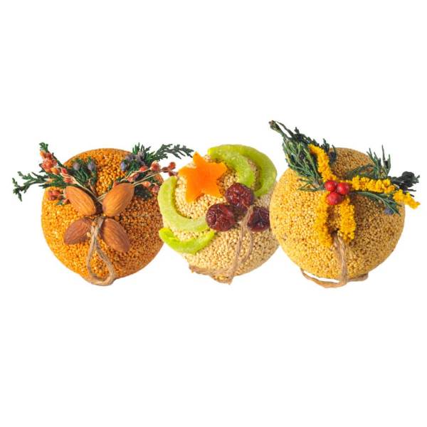 Three decorative fruit-and-seed ornaments with dried accents