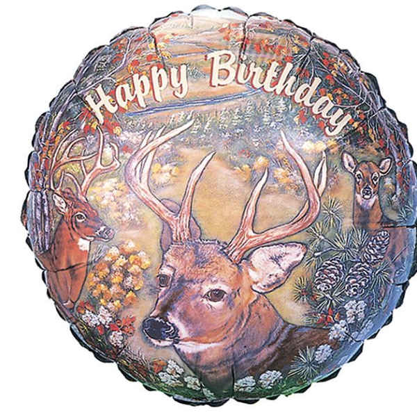 Round birthday balloon with deer illustration and forest scene