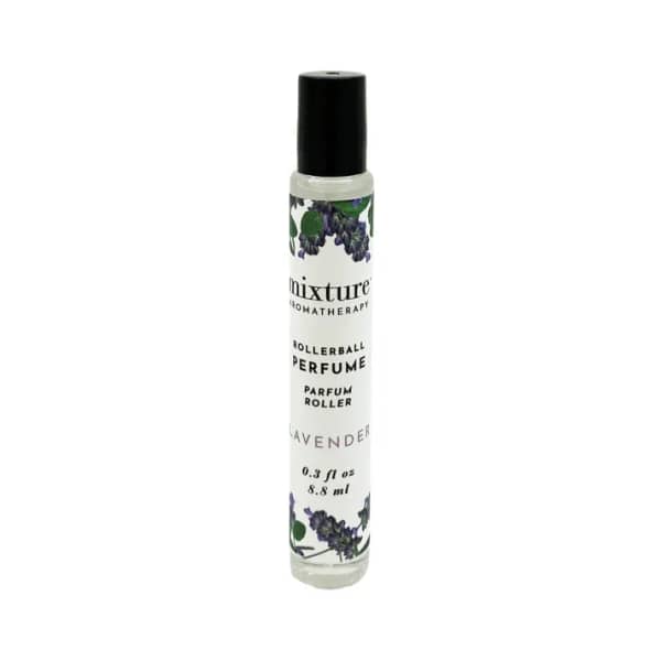 Lavender rollerball perfume bottle with floral label