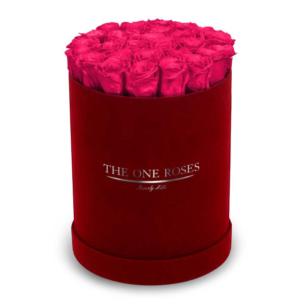 Hot pink roses arranged in a round red box