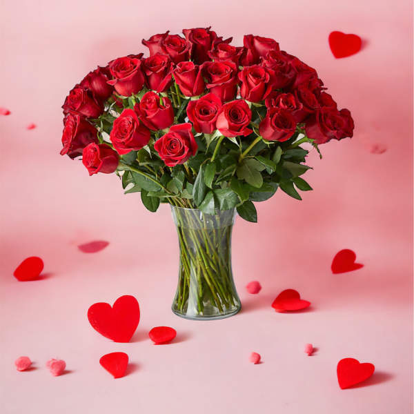 Bouquet of red roses in a clear glass vase with heart decorations