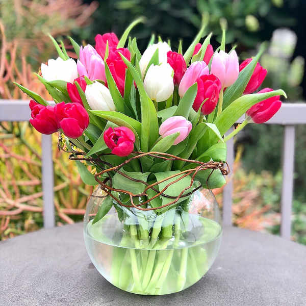 Bouquet of pink, red, and white tulips in a glass vase
